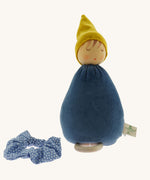 The Nanchen Dream King Frog Lullaby Music Doll with it's blue floral collar taken off. A musical Waldorf doll, made from organic cotton and sheep's wool. 