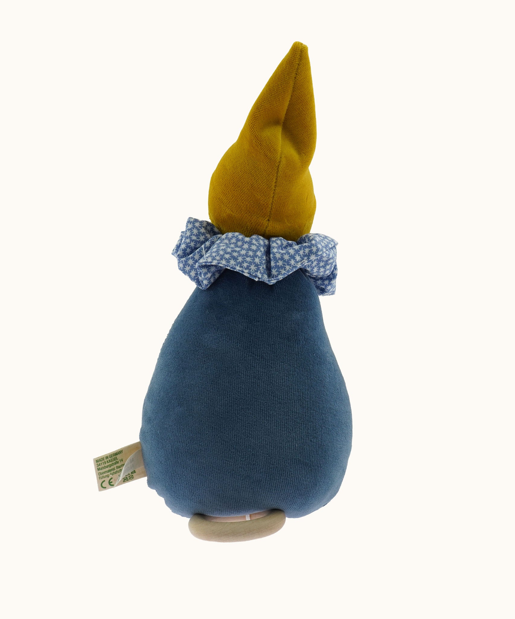 The back of the Nanchen Dream King Frog Lullaby Music Doll. A musical Waldorf doll, made from organic cotton and sheep's wool. 