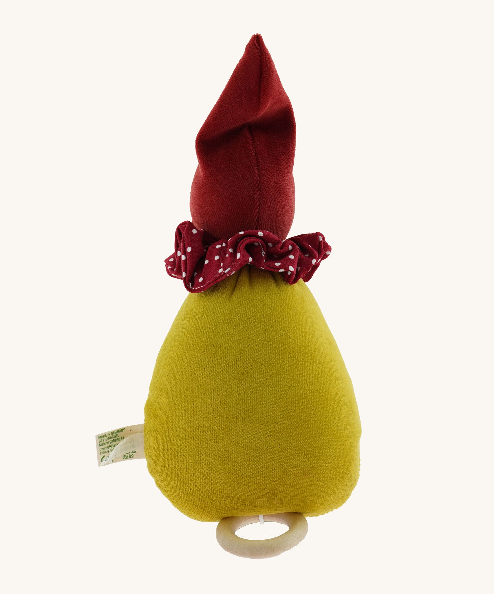 The back of the Nanchen Little Red Riding Hood Lullaby Music Doll. A musical Waldorf doll, made from organic cotton and sheep's wool. 