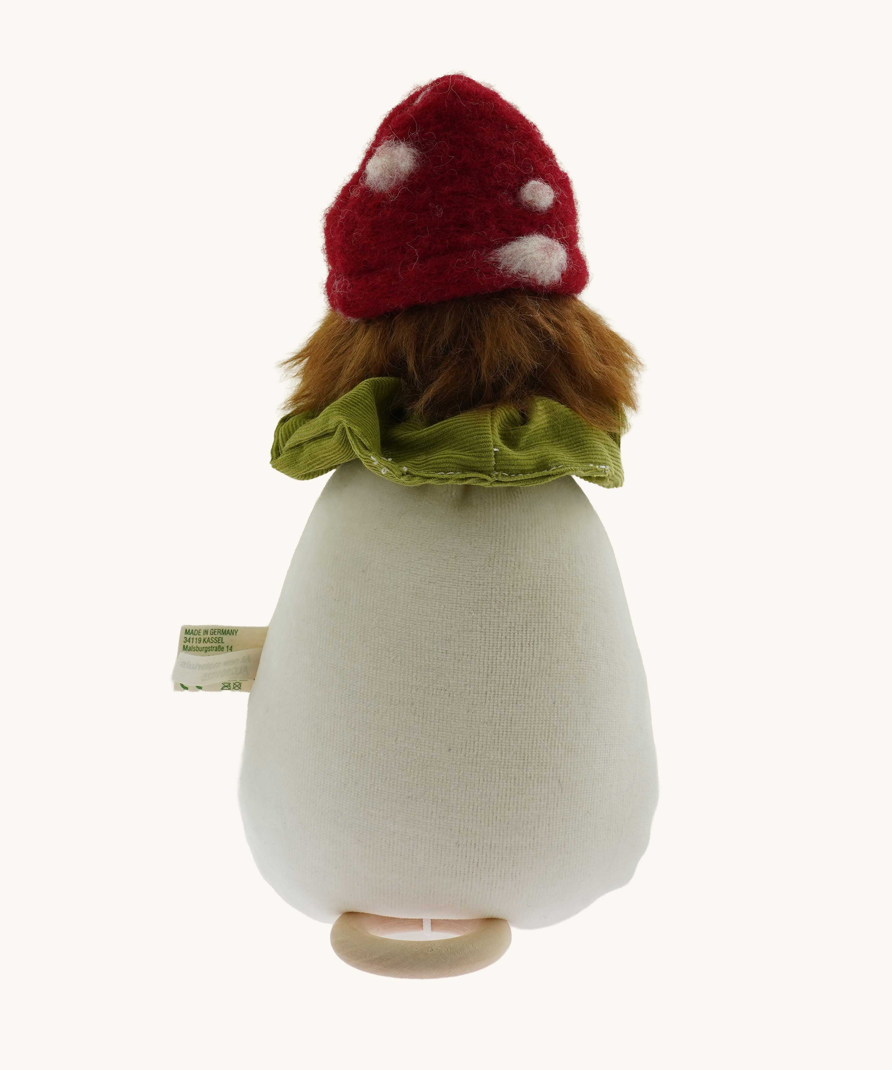 The back of the Nanchen Toadstool Lullaby Music Doll. A musical Waldorf doll, made from organic cotton and sheep's wool. 