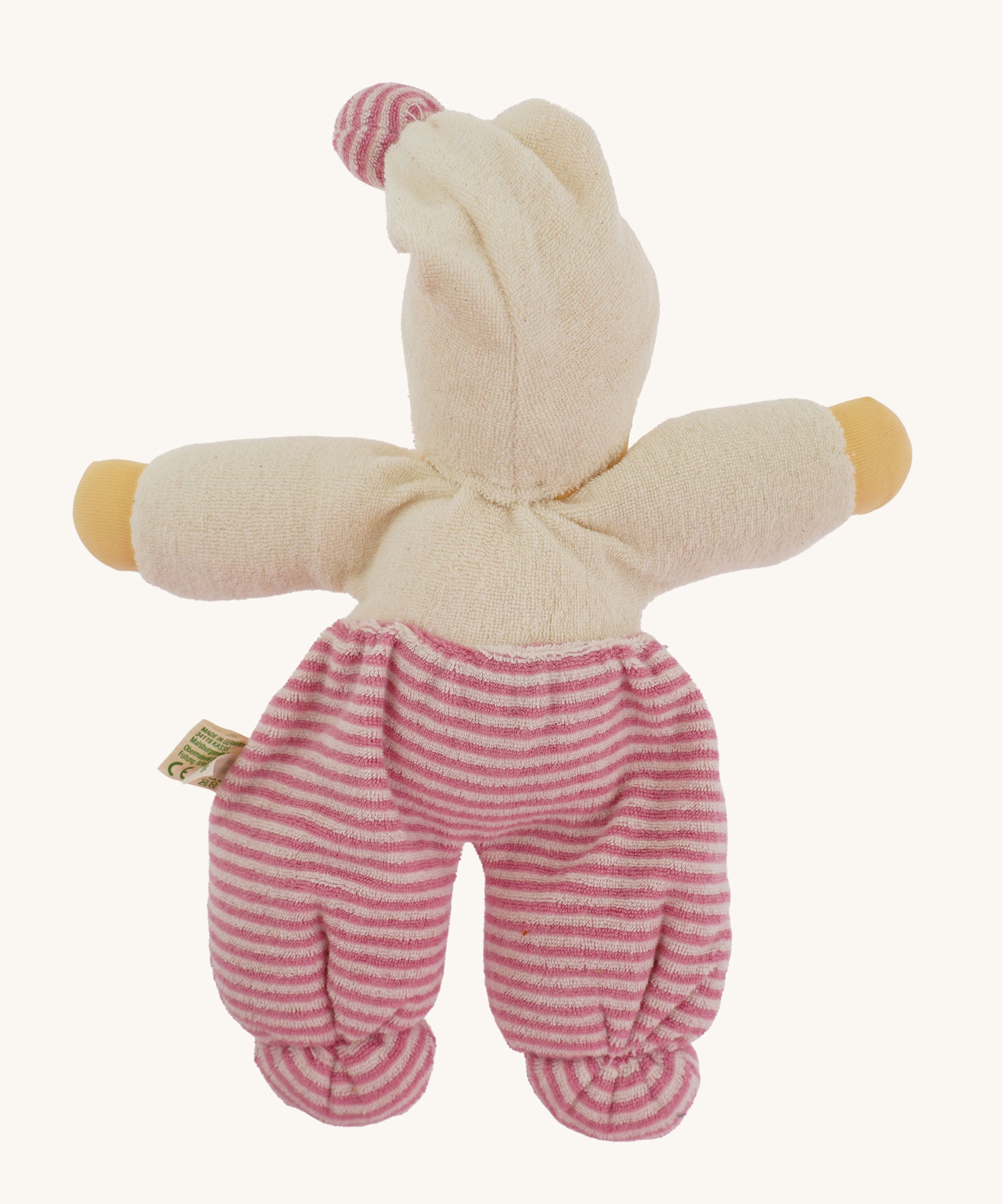 The back of a Nanchen Möpschen Waldorf Doll - Pink Stripes.