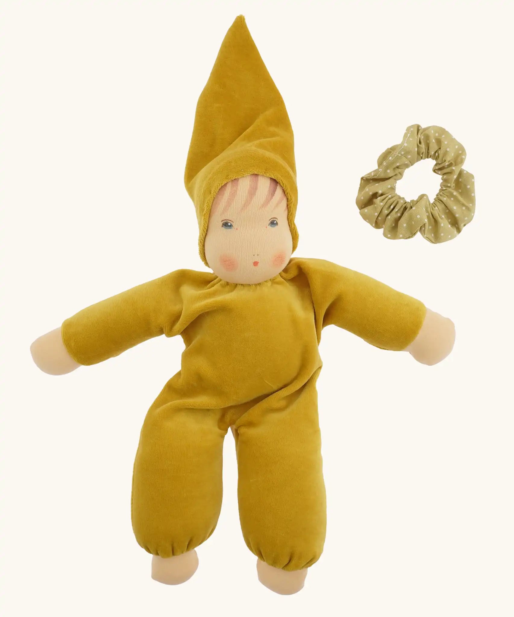 Nanchen Natur Nani Waldorf doll in gold with the spotty collar removed.