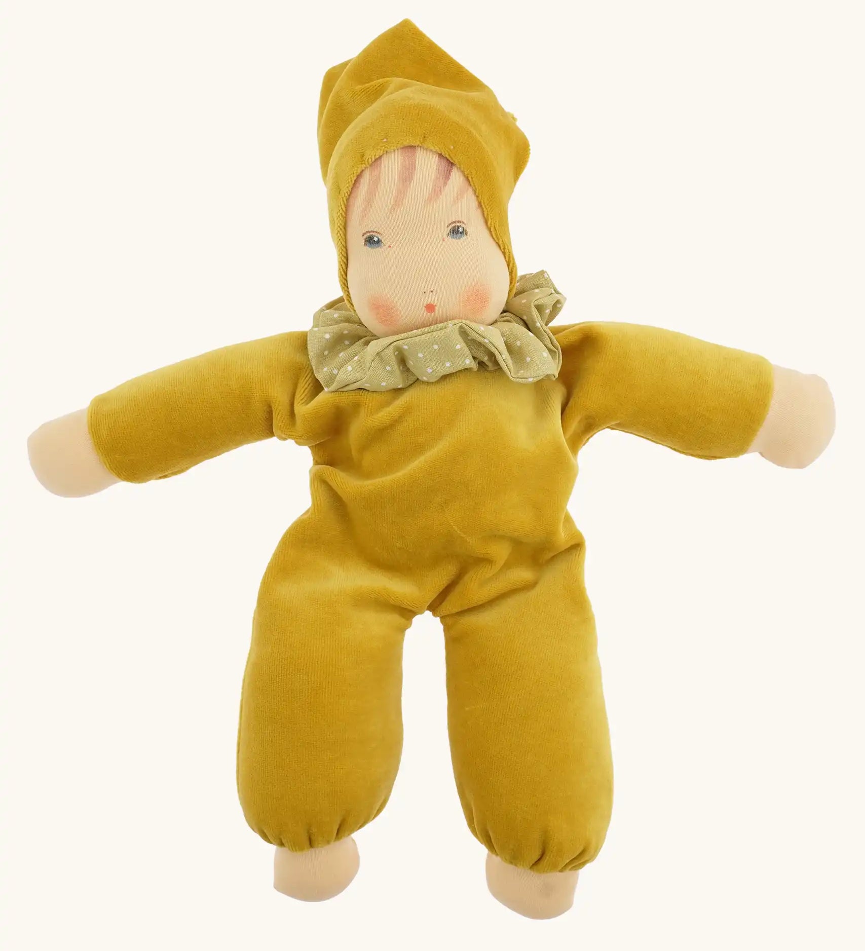 Nanchen Natur Nani Waldorf doll in gold  with a spotty collar that can be removed.