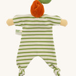 Back view of the Nanchen Orange Baby Comforter, featuring an orange velour fruit hat with a green leaf, and a green and white striped organic cotton terry body with knotted feet and yellow hands.