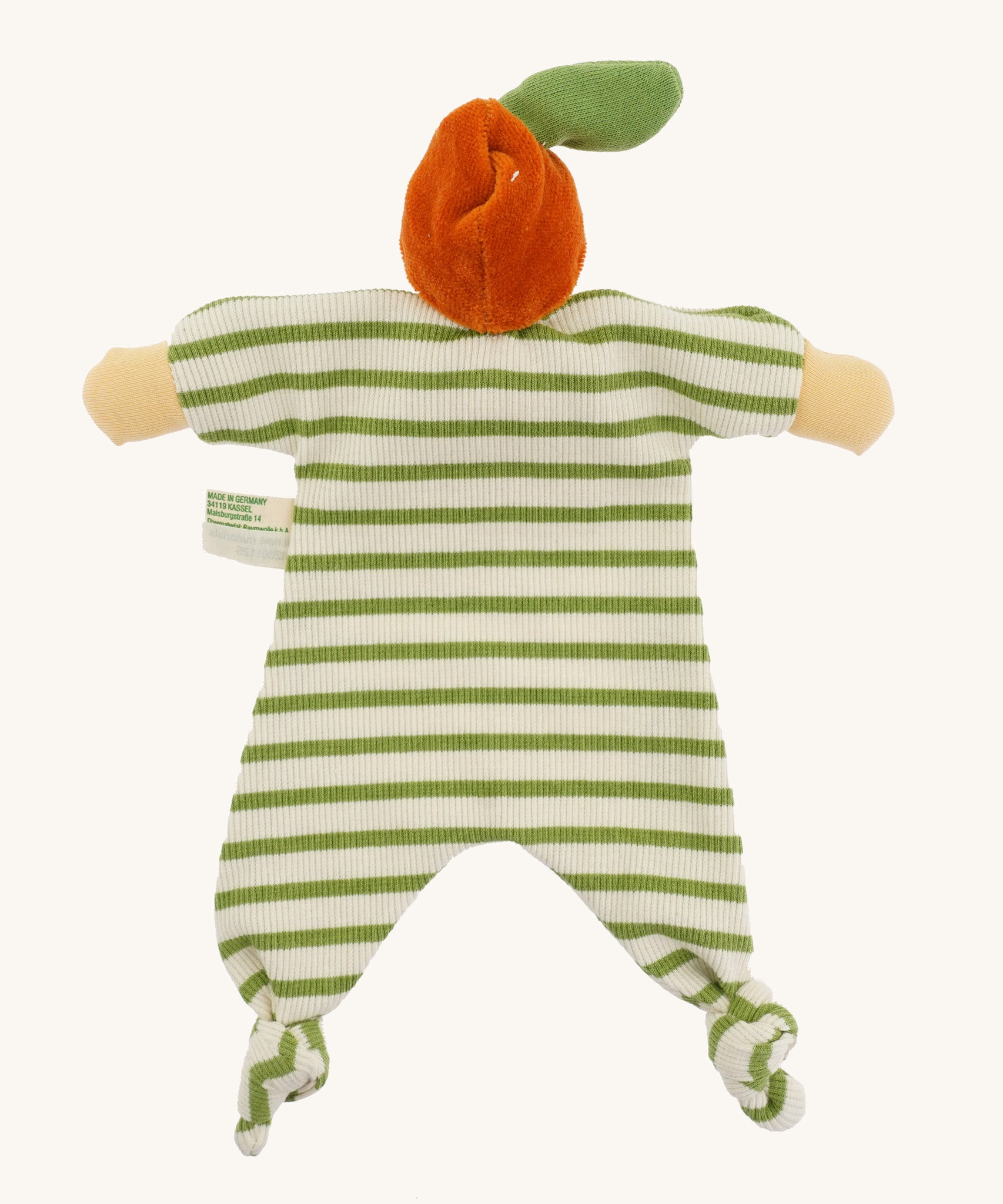 Back view of the Nanchen Orange Baby Comforter, featuring an orange velour fruit hat with a green leaf, and a green and white striped organic cotton terry body with knotted feet and yellow hands.