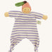 Front view of the Nanchen Peach Baby Comforter, a handmade doll with a soft, peach-colored face and pink velour fruit-shaped hat with a green leaf and brown stem. The doll has a lilac and white striped organic cotton terry body with knotted feet and outstretched arms, and a fabric label reading "Nanchen Natur" on the side.