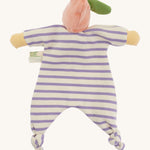 Back view of the Nanchen Peach Baby Comforter, showcasing the soft pink velour fruit hat with a green leaf, and the lilac and white striped cotton terry body with knotted feet and yellow hands.