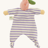 Back view of the Nanchen Peach Baby Comforter, showcasing the soft pink velour fruit hat with a green leaf, and the lilac and white striped cotton terry body with knotted feet and yellow hands.
