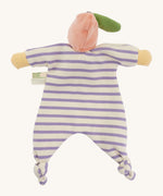 Back view of the Nanchen Peach Baby Comforter, showcasing the soft pink velour fruit hat with a green leaf, and the lilac and white striped cotton terry body with knotted feet and yellow hands.