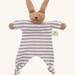 The Nanchen organic rabbit baby comforter, with an organic cotton terry body and brown velour rabbit head stuffed with  sheep wool.