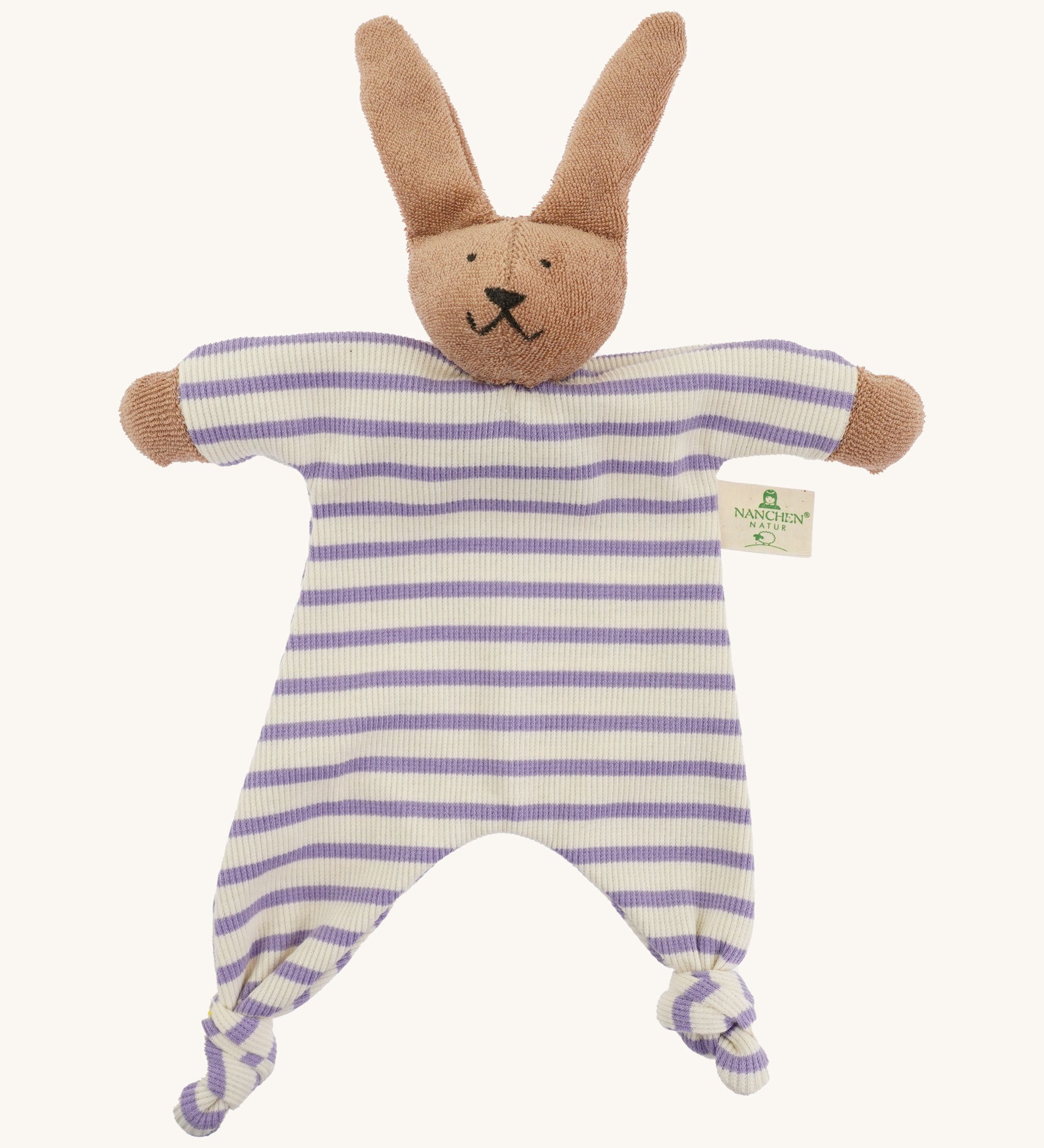 The Nanchen organic rabbit baby comforter, with an organic cotton terry body and brown velour rabbit head stuffed with  sheep wool.