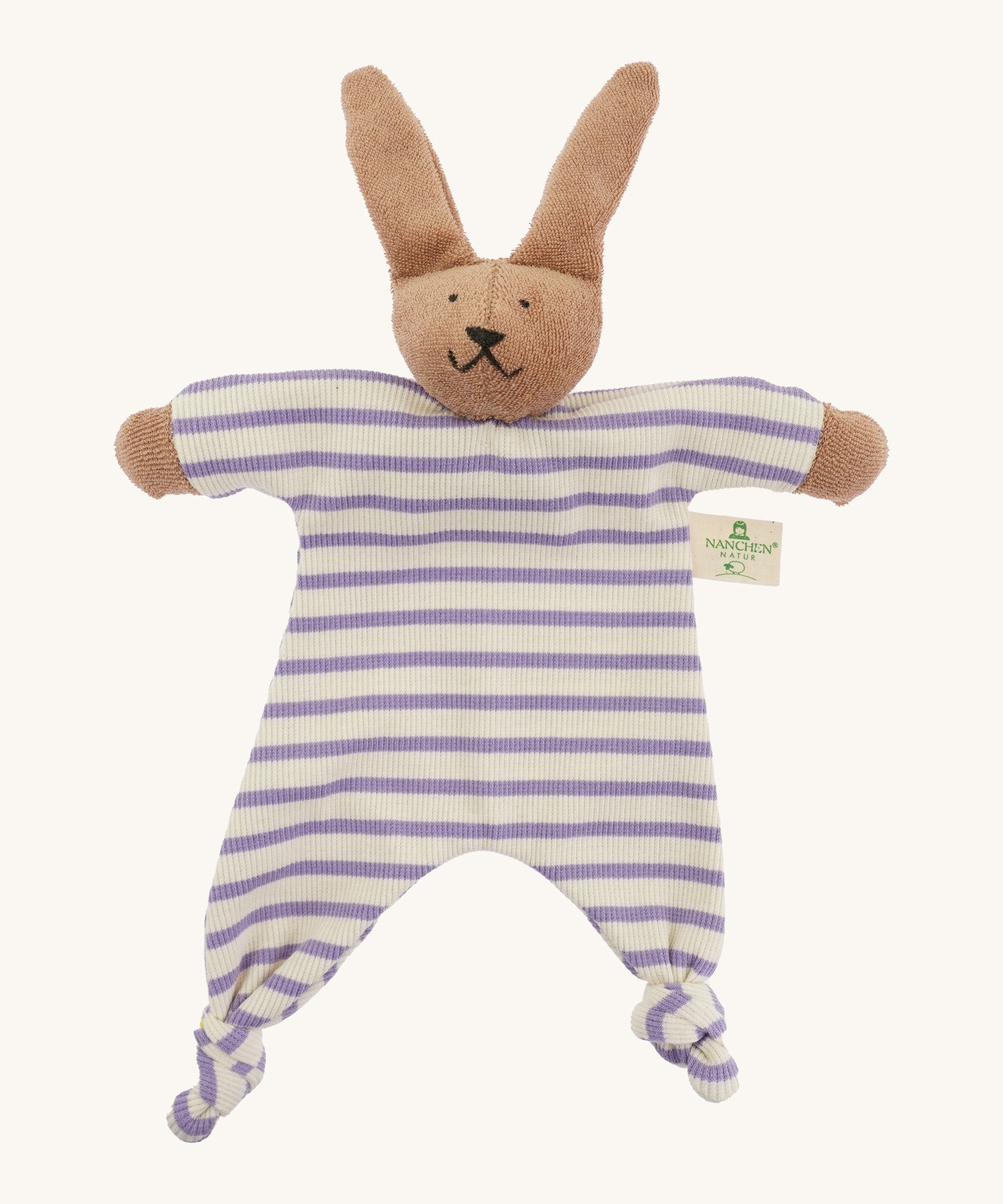 The Nanchen organic rabbit baby comforter, with an organic cotton terry body and brown velour rabbit head stuffed with  sheep wool.