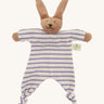 The Nanchen organic rabbit baby comforter, with an organic cotton terry body and brown velour rabbit head stuffed with  sheep wool.