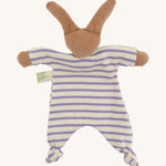 The back of The Nanchen organic rabbit baby comforter, with a white and purple striped floppy cotton terry body. 