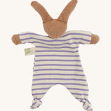 The back of The Nanchen organic rabbit baby comforter, with a white and purple striped floppy cotton terry body. 