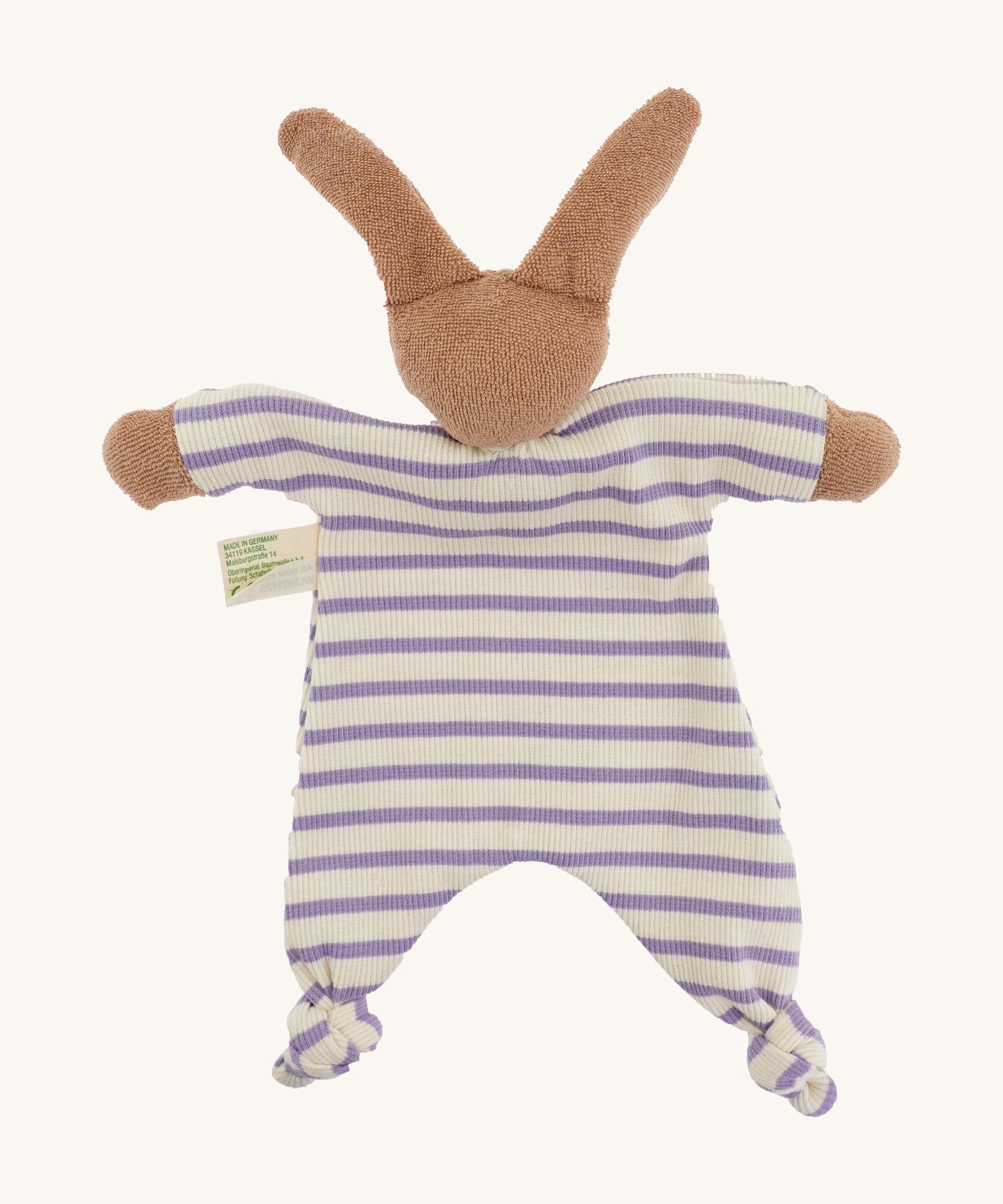 The back of The Nanchen organic rabbit baby comforter, with a white and purple striped floppy cotton terry body. 