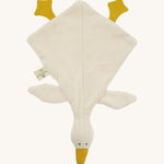 Top view of the Nanchen White Goose Baby Comforter. The soft wool-stuffed head features simple stitched eyes, a mustard yellow beak, and floppy wings and feet made from organic cotton.