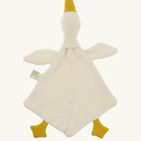 Bottom view of the Nanchen White Goose Baby Comforter, showing its unstuffed, diamond-shaped blanket body made from organic cotton terry. The soft goose head and wings extend from the top, with mustard yellow feet and beak.