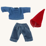 Set of clothing for the Nanchen Frederik organic Waldorf doll, including a long-sleeved navy and teal striped top, soft blue cord trousers, and a bright red pointed gnome-style hat made from organic materials.