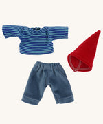 Set of clothing for the Nanchen Frederik organic Waldorf doll, including a long-sleeved navy and teal striped top, soft blue cord trousers, and a bright red pointed gnome-style hat made from organic materials.