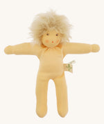 Front view of the Nanchen Frederik organic Waldorf doll with pale skin and fluffy blond mohair hair. The hand-painted face includes subtle blush and red lips. The doll is shown unclothed to highlight its handcrafted body.