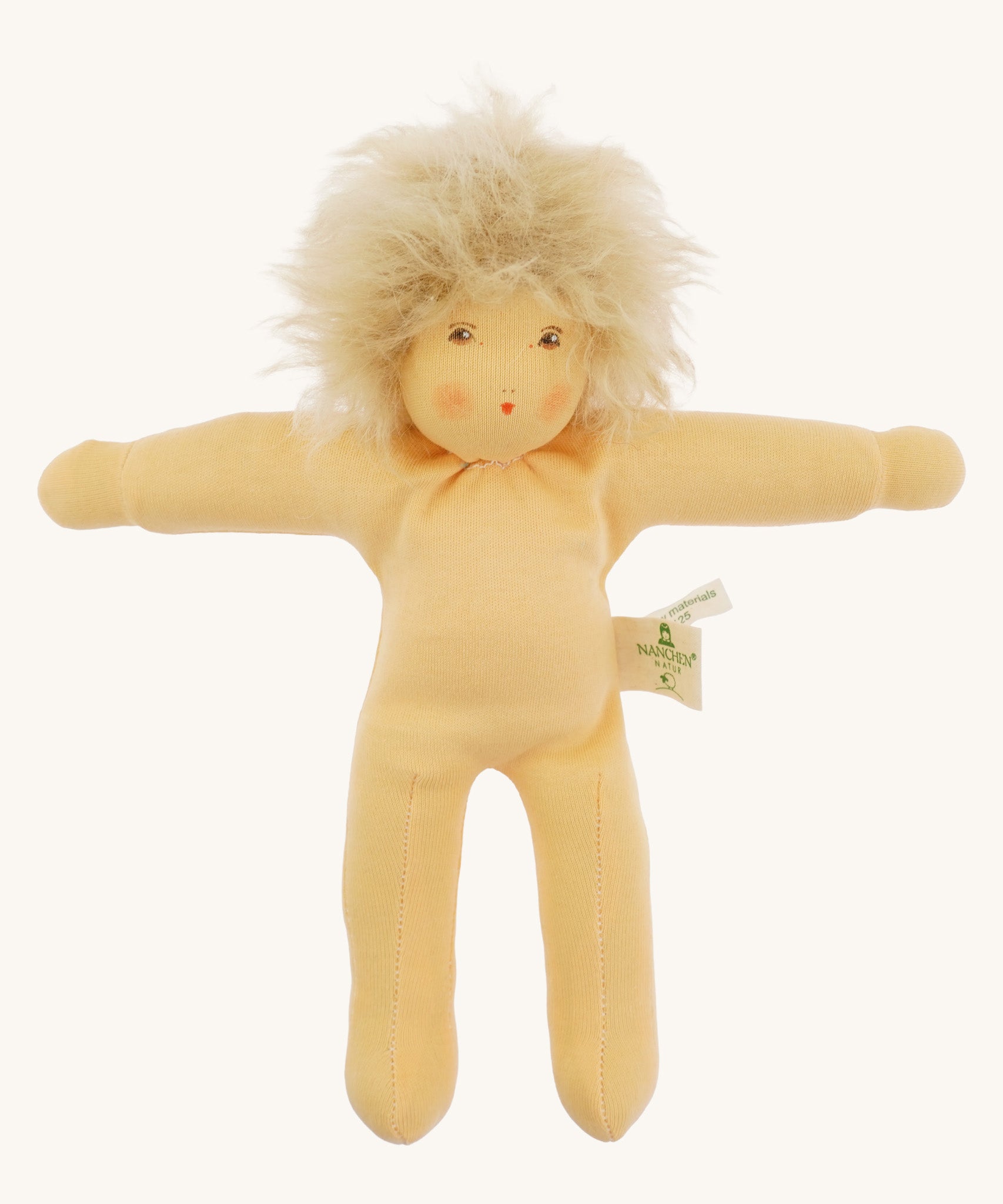 Front view of the Nanchen Frederik organic Waldorf doll with pale skin and fluffy blond mohair hair. The hand-painted face includes subtle blush and red lips. The doll is shown unclothed to highlight its handcrafted body.