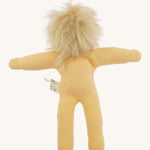 Back view of the Nanchen Frederik organic Waldorf doll, handmade from organic cotton with light peach skin and wild blond mohair hair. The doll is unclothed, showing its soft, simple fabric form.