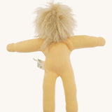 Back view of the Nanchen Frederik organic Waldorf doll, handmade from organic cotton with light peach skin and wild blond mohair hair. The doll is unclothed, showing its soft, simple fabric form.