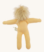 Back view of the Nanchen Frederik organic Waldorf doll, handmade from organic cotton with light peach skin and wild blond mohair hair. The doll is unclothed, showing its soft, simple fabric form.