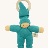 Front view of the Nanchen Pimpel Doll Baby Comforter in turquoise. The doll has a gentle, painted face, a tall pointed hat, soft organic cotton terry body, and a natural wooden ring for teething.