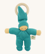 Front view of the Nanchen Pimpel Doll Baby Comforter in turquoise. The doll has a gentle, painted face, a tall pointed hat, soft organic cotton terry body, and a natural wooden ring for teething.