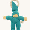 Front view of the Nanchen Pimpel Doll Baby Comforter in turquoise. The doll has a gentle, painted face, a tall pointed hat, soft organic cotton terry body, and a natural wooden ring for teething.
