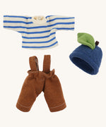 Clothing set for the pale-skinned Nanchen organic Waldorf doll, including a blue and white striped long-sleeve top, brown dungarees, and a blue woollen blueberry fruit-style hat with green leaf.