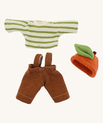 Clothing set for a Nanchen organic Waldorf doll, featuring a green and white striped long-sleeve top, brown dungarees, and an orange woollen hat shaped like a fruit with a green leaf.