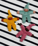 Nanchen berry, sage and yellow Waldorf style organic Pimpel dolls. Made from organic cotton and stuffed with natural sheep's wool. 