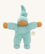 Full front view of the Nanchen Pimpel Doll in sage, made from organic cotton towelling and filled with organic wool. The doll features a brown-toned hand-painted face, outstretched arms, and a tall pointed hood tied at the top.
