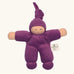 Nanchel pimpel waldorf doll in purple. Showing cute facial features and a tie on the hat. Doll has a terry cloth body 