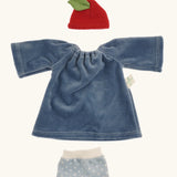 Organic cotton outfit for the Nanchen garden child waldorf Lenne doll showing a blue long sleeve dress, red apple hat and pale blue underpants with white dots