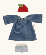 Organic cotton outfit for the Nanchen garden child waldorf Lenne doll showing a blue long sleeve dress, red apple hat and pale blue underpants with white dots