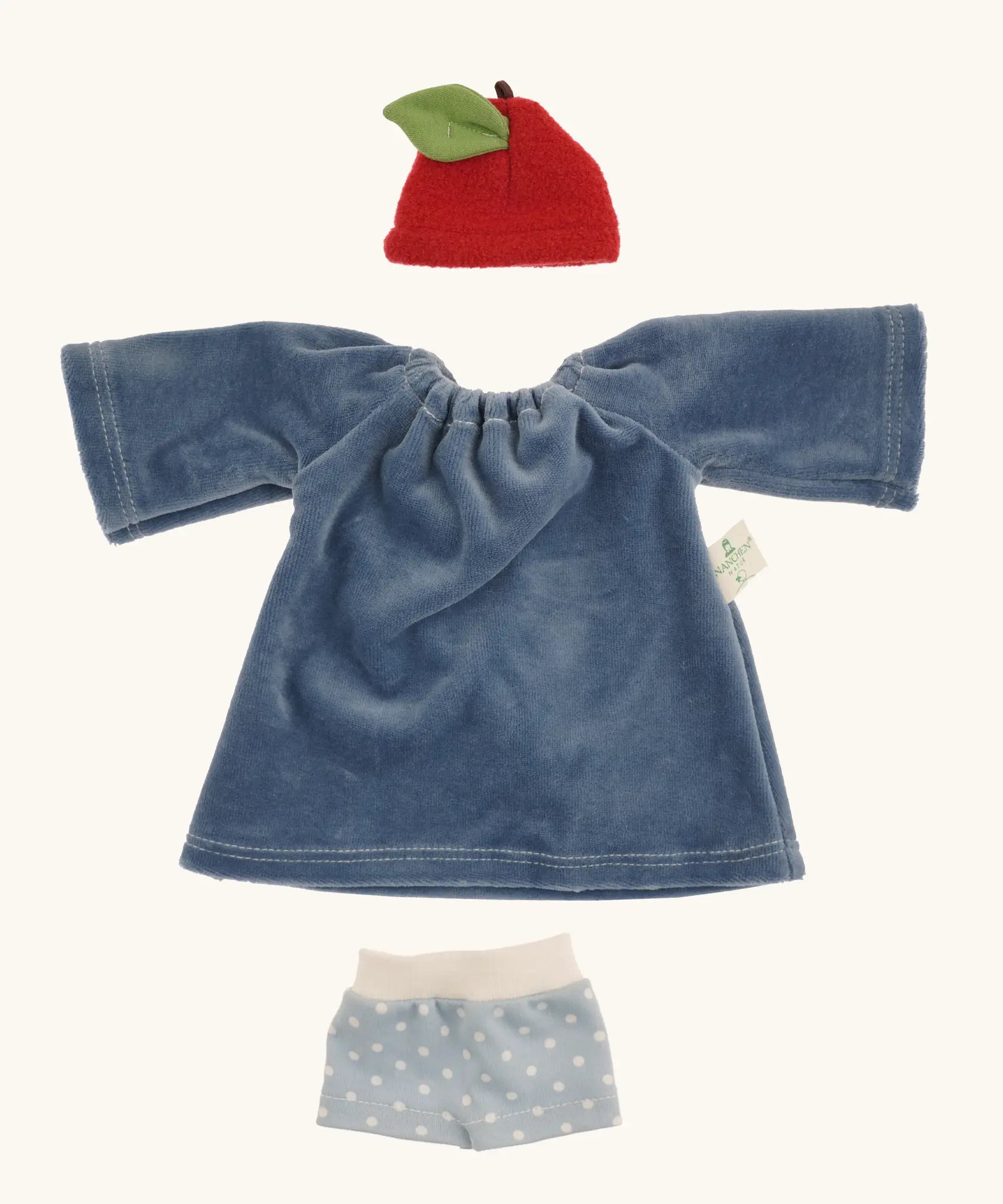 Organic cotton outfit for the Nanchen garden child waldorf Lenne doll showing a blue long sleeve dress, red apple hat and pale blue underpants with white dots