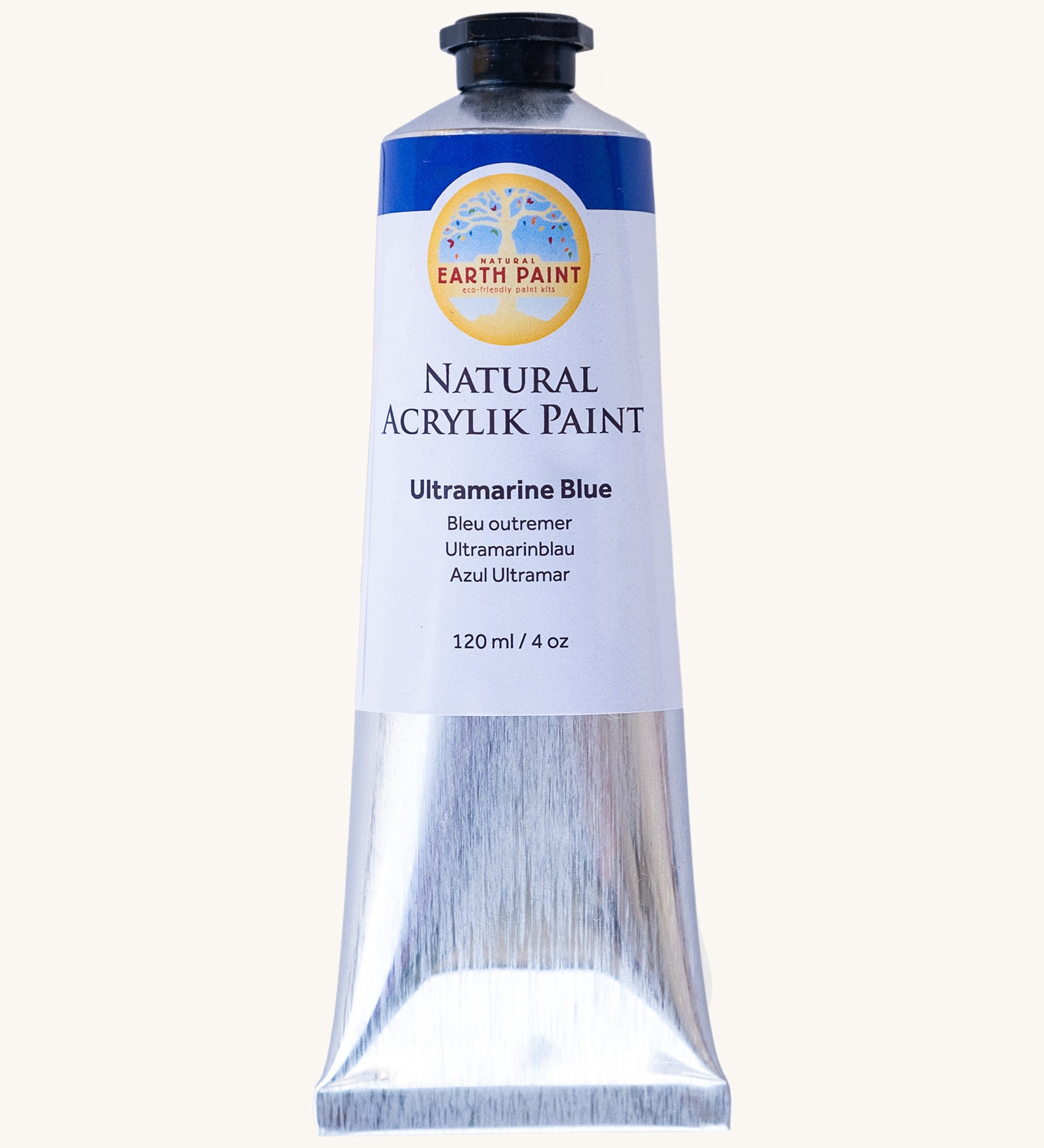 Natural Earth Paint ultramarine blue acrylic paint in a 120ml aluminium tube. Features a black screw cap