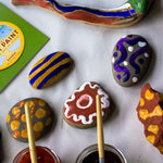 Close up of some pebbles painted with the Natural Paint kit in some colourful patterns