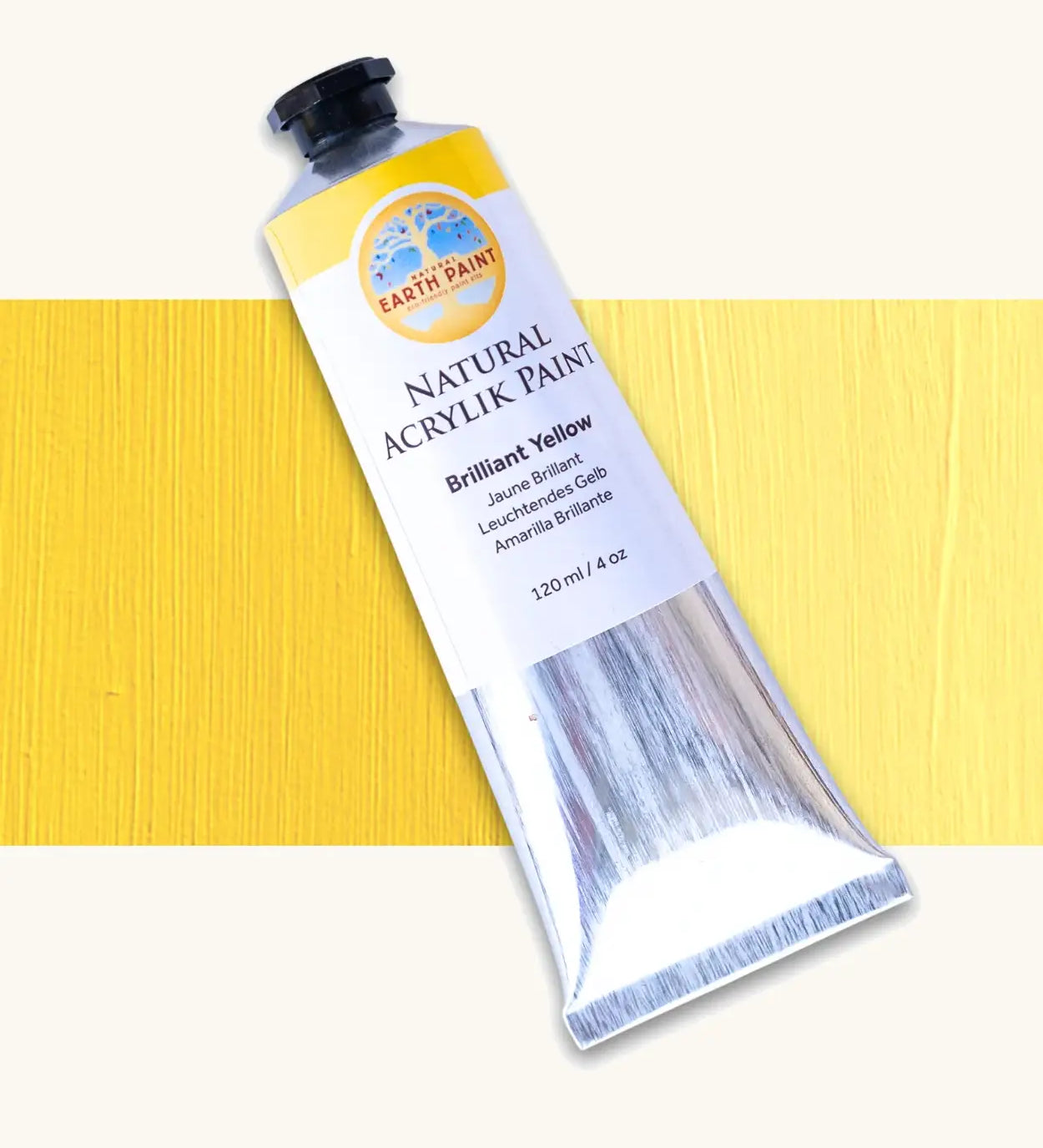 Natural Earth Paint brilliant yellow acrylic paint in a 120ml aluminium tube. Features a black screw cap