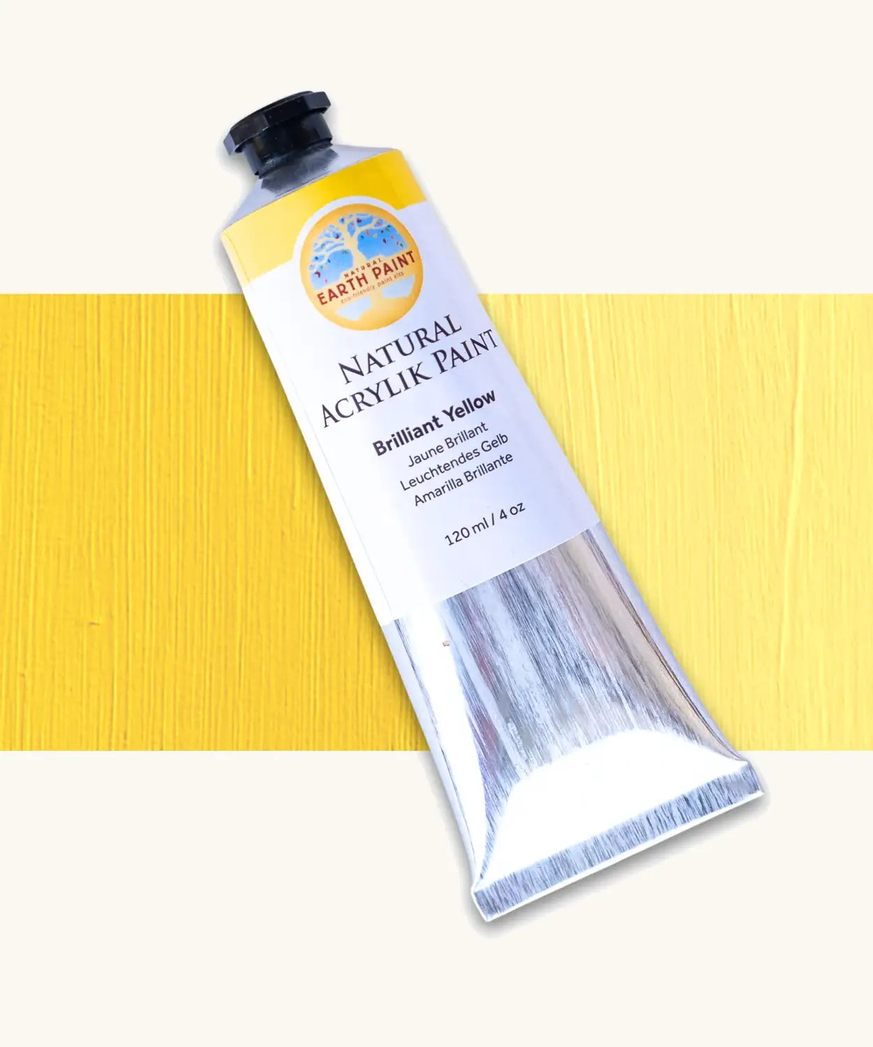 Natural Earth Paint brilliant yellow acrylic paint in a 120ml aluminium tube. Features a black screw cap