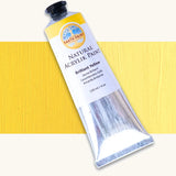 Natural Earth Paint brilliant yellow acrylic paint in a 120ml aluminium tube. Features a black screw cap