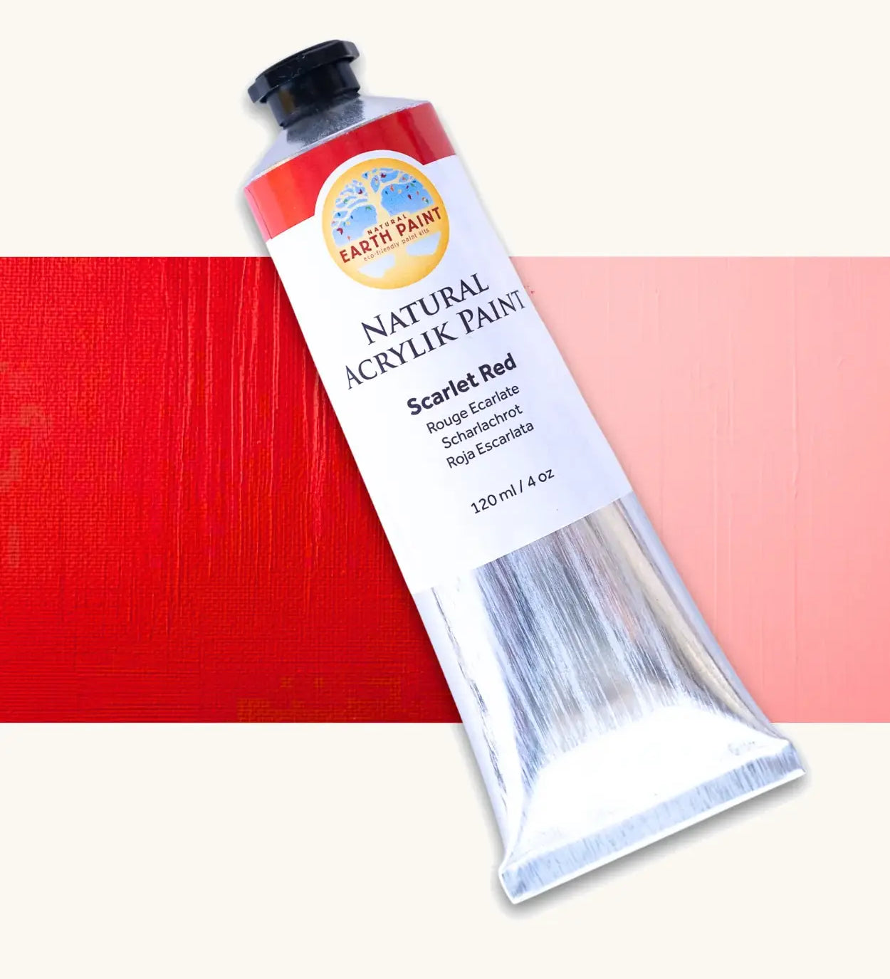 Natural Earth Paint scarlet red acrylic paint in a 120ml aluminium tube. Features a black screw cap.