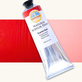Natural Earth Paint scarlet red acrylic paint in a 120ml aluminium tube. Features a black screw cap.