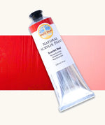 Natural Earth Paint scarlet red acrylic paint in a 120ml aluminium tube. Features a black screw cap.