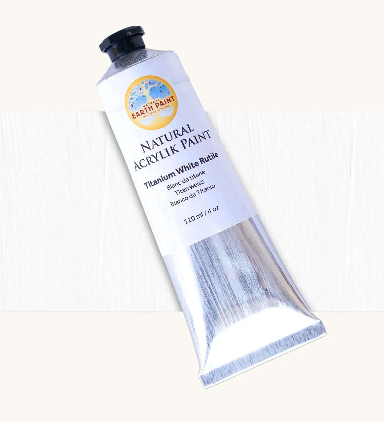 Natural Earth Paint titanium white acrylic paint in a 120ml aluminium tube. Features a black screw cap