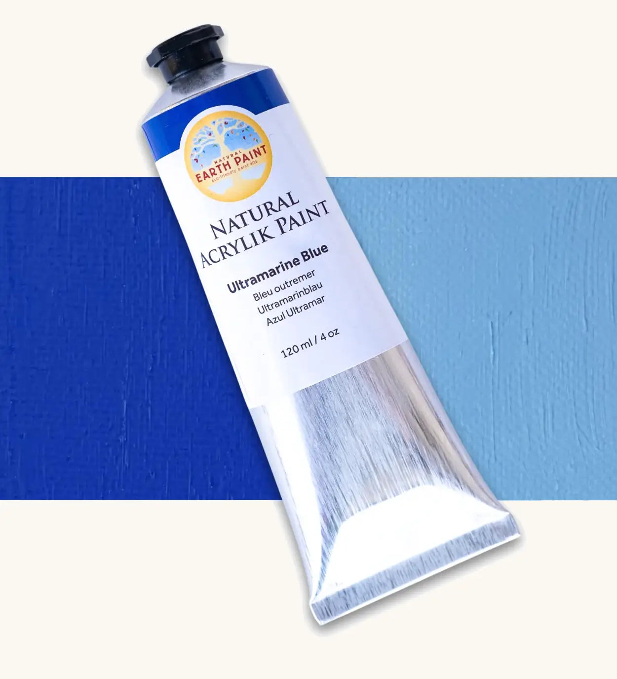 Natural Earth Paint ultramarine blue acrylic paint in a 120ml aluminium tube. Features a black screw cap
